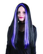 Perruque sorcière noire avec mèches violettes