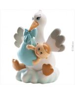 Sujet de baptême garçon - cigogne sur nuage bleu avec bébé