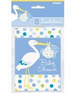 8 invitations Shower cigogne bleu