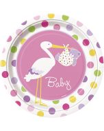 8 assiettes Baby-Shower cigogne rose - Ø 23 cm