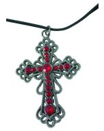 Collier croix gothique avec fausses pierres et cordon