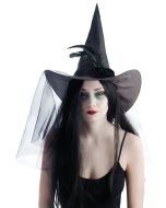Chapeau de sorcière adulte - tissu noir avec voilette, plume et fleur