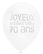 Lot de 8 ballons blancs Joyeux Anniversaire 70 ans