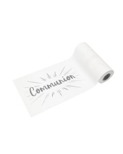 Chemin de table en toile communion blanc et argent 14 cm x 4 m