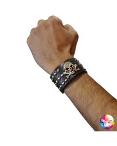 Bracelet de rocker 2 rangs avec crâne - 23 cm x 4 cm
