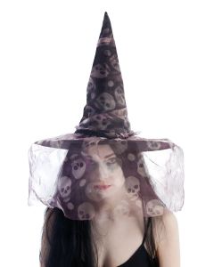 Chapeau de sorcière adulte - noir avec voilette imprimée têtes de mort