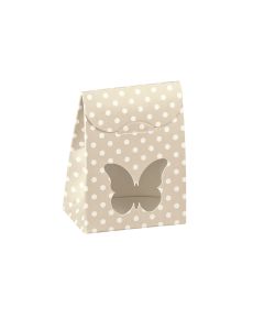 10 Boîtes à dragées taupe pois blanc fenêtre papillon