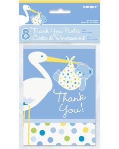 8 cartes de remerciement Baby Shower cigogne bleu