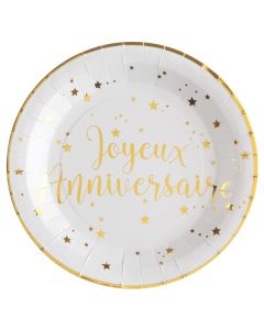 Assiette Joyeux Anniversaire blanc et or carton 22.50 cm (x10)