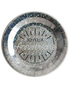 Assiette Joyeux Anniversaire argent carton 22.50 cm (x10)