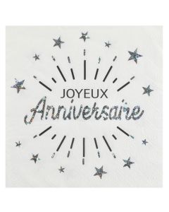 Serviettes Joyeux Anniversaire argent papier 32 x 32 cm (x10)