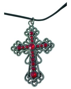 Collier croix gothique avec fausses pierres et cordon