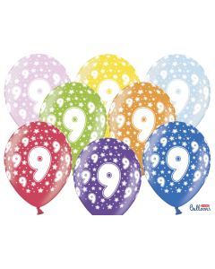 6 ballons multicolores 9eme anniversaire
