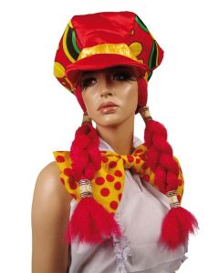 Casquette de clown adulte avec deux tresses rouges 