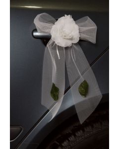 Fleur déco voiture - fleur, tulle et feuilles - blanc