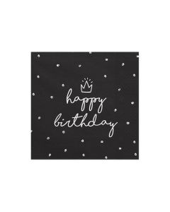 20 serviettes jetables happy birthday noires à pois blancs