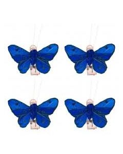 4 Papillons strass sur pince BLEU ROI